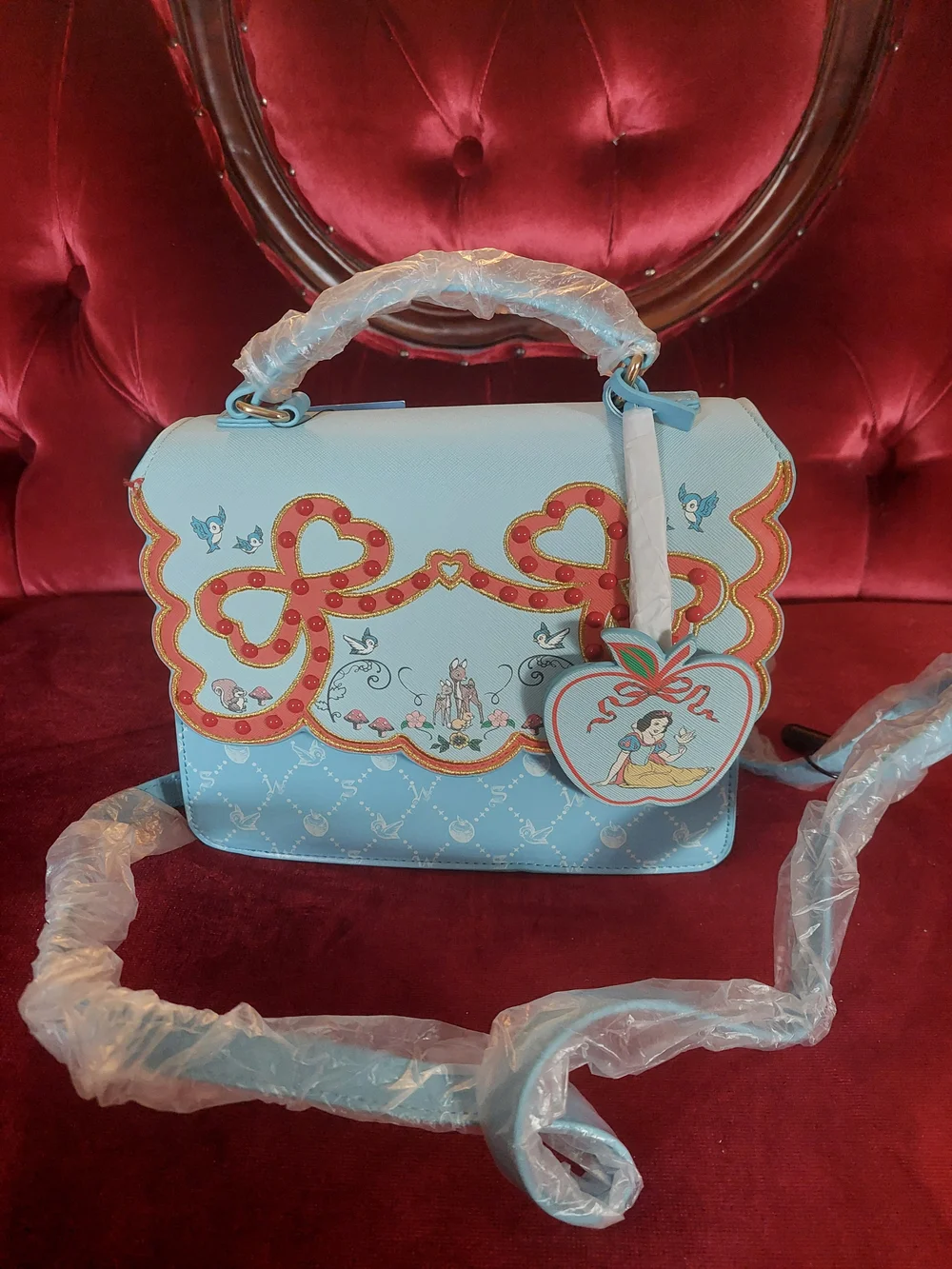 Disney Danielle Nicole Snow White Light Blue, Red Bows Heart Bag with Strap